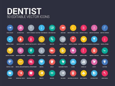 50 dentist set icons such as anesthesia, apicoectomy, baby dental, bacteria in mouth, bicuspid, braces, breath, broken tooth, brushing teeth. simple modern isolated vector icons can be use for web clipart