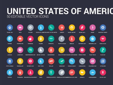 50 Amerika Birleşik Devletleri ayarla 4 Temmuz gibi simgeleri, albuquerque, Amerika, Amerikan İç Savaşı, Amerikan Futbolu, Amerikan yerlisi, fırında, washington Anıtı, bereket. basit modern izole