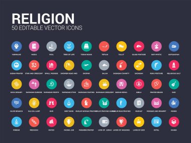 50 religion set icons such as kaaba, kotel, lamb of god, laver of washing, lion of  judah, maghrib prayer, manna jar, matzo, mezuzah. simple modern isolated vector icons can be use for web mobile clipart