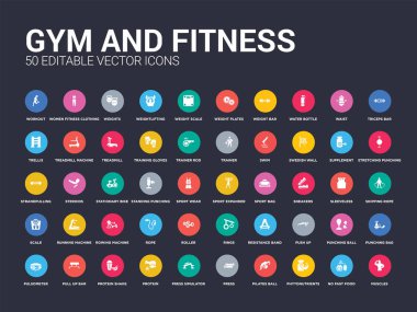 50 spor salonu ve fitness icons set kaslar gibi Hayır hızlı yemek, phytonutrients, pilates topu, basın, basın simülatörü, protein, protein içeceği, yukarı çek bar. basit modern izole vektör simgeler kullanmak olabilir