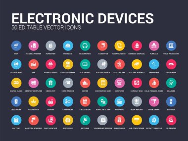 50 elektronik cihazlar 3d printerlere harcama maddeler, etkinlik izleyicisi'ni, Klima, hava temizleyici, telesekreter, anten, ASIC madenci, Bebek telsizi, barkod tarayıcı gibi simgeleri ayarlayın. basit modern izole
