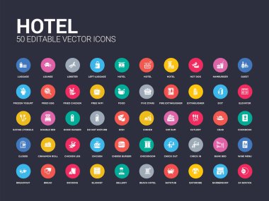 50 otel set simgeleri gibi 24 Servisi, berber, bornoz, küvet, beach otel, bellboy, battaniye, rezervasyon, ekmek. basit modern izole vektör simgeler web telefon kullanmak olabilir