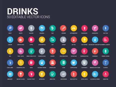50 içecekler pelin, alkollü içecek, elma suyu, biberon, barmen, bira bardağı, içecek, bloody mary, brendi cam gibi simgeleri ayarlayın. basit modern izole vektör simgeler web kullanmak olabilir