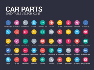 50 araba parçaları set simgeleri gibi araba hasar ışıkları, araba far, koltuk başlığı, başlık, boynuz, jant kapağı, ateşleme, göstergesi, jack. basit modern izole vektör simgeler web telefon kullanmak olabilir