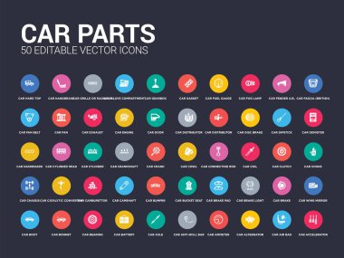 50 araba parçaları araba gaz pedalı, araba hava yastığı, alternatör, ampermetre, anti-roll bar, aks, pil, taşıyan, kaporta gibi simgeleri ayarlayın. basit modern izole vektör simgeler web telefon kullanmak olabilir