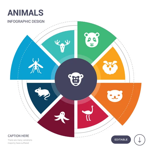 Conjunto de 9 animales simples iconos vectoriales. contiene como el mono, el alce, el mosquito, el ratón, el pulpo, el avestruz, los iconos de la nutria y otros. diseño de infografías editable — Archivo Imágenes Vectoriales