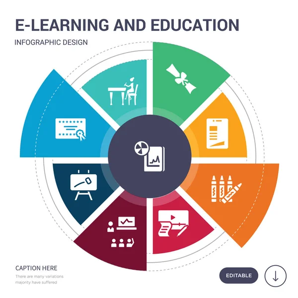 Set med 9 enkla e-lärande och utbildning vector ikoner. innehåller som företagsutbildning, skrivande, certifikat, chalkboard, klassrummet, datorbaserad utbildning, crayon ikoner och andra. redigerbara — Stock vektor