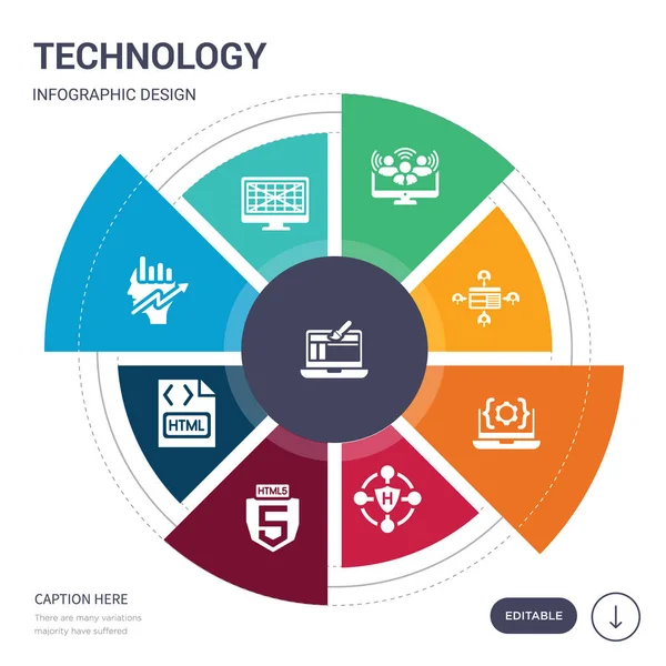 Set dari 9 teknologi sederhana vektor ikon. mengandung seperti ujung depan, sistem grid, peretasan pertumbuhan, html, html5, aplikasi hibrida, ikon ide dan lain-lain. Desain infografis yang dapat disunting - Stok Vektor