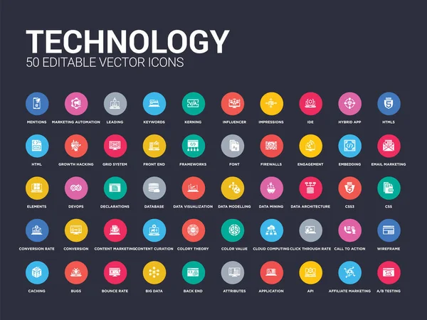 50 technológia készlet ikonok, mint például a / b tesztelés, affiliate marketing, api, alkalmazás, attribútumok, hátsó, nagy adatokat, a visszafordulási arány, hibákat. egyszerű, modern elszigetelt vektoros ikonok lehet használni a mobil web — Stock Vector