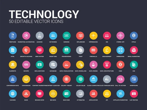 50 teknologi menetapkan ikon seperti pengujian / b, pemasaran afiliasi, api, aplikasi, atribut, back end, data besar, tingkat bouncing, bug. ikon vektor terisolasi modern sederhana dapat digunakan untuk mobile web - Stok Vektor