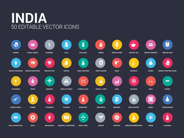 50 Індії набір ікон, як alamelu, аніс, ardhanareeswara, Ашока, Ассам, bael дерево, бенгальської мови, bhagavan, bihu. простий сучасний ізольованих векторні іконки можна використовувати для веб-мобільний — стоковий вектор