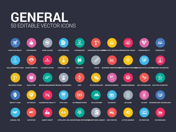 50 iconos de conjunto generales, tales como modelado 3d, impresión 3D, sensor activo, añadir fotos, agencia de publicidad, redes de publicidad, enlace de afiliado, script agente, agitación. vector aislado moderno simple — Vector de stock