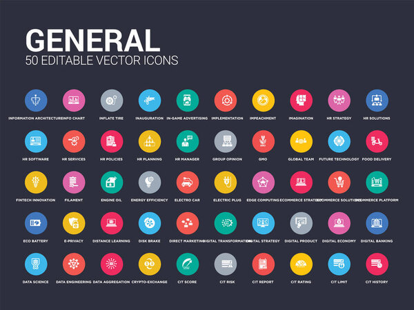 50 general set icons such as cit history, cit limit, cit rating, report, risk, score, crypto-exchange, data aggregation, data engineering. simple modern isolated vector icons can be use for web
