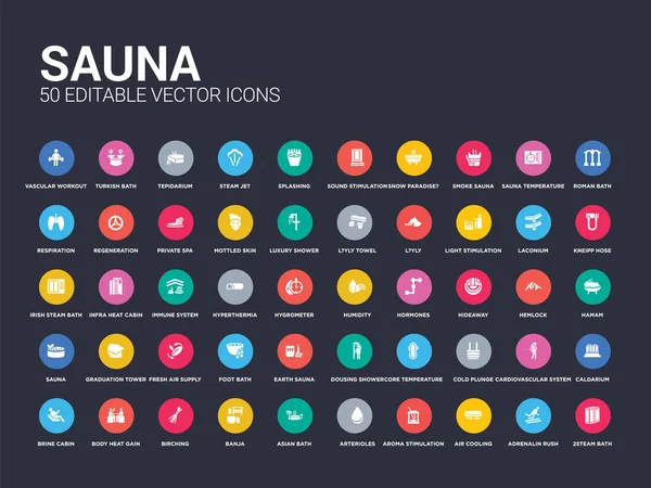 50 sauna set icons such as 2steam bath, adrenalin rush, air cooling, aroma stimulation, arterioles, asian bath, banja, birching, body heat gain. simple modern isolated vector icons can be use for — Stock Vector