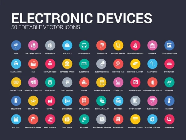 50 dispositivos electrónicos establecen iconos tales como impresora 3d, rastreador de actividad, aire acondicionado, purificador de aire, contestador automático, antena, minero asic, monitor de bebé, escáner de código de barras. simple moderno aislado — Vector de stock