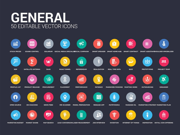 50 general set icons such as initial coin offering, inspiration, internet of things, invention, job interview, laser measurement, lead conversion, map search, market share. simple modern isolated