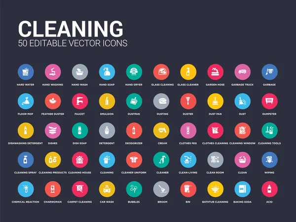 50 tisztító készlet ikonok, mint a sav, szódabikarbóna, takarítás a kád, bin, seprű, buborékok, autómosó, szőnyeg, tisztítás, takarítóasszonyom. egyszerű, modern elszigetelt vektoros ikonok lehet használni a mobil web — Stock Vector