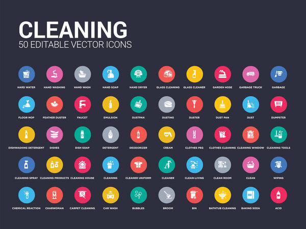 50 значков наборов для очистки, таких как кислота, пищевая сода, мытье ванны, мусорка, метла, пузырьки, автомойка, чистка ковров, уборщица. простые современные изолированные векторные иконки могут быть использованы для веб-мобильных устройств
