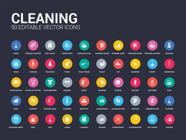 50 cleaning set icons such as hoover, hot water, housekeeping, hygroscopic, ironing, laundry, liquid, mop, neat. simple modern isolated vector icons can be use for web mobile — Stock Vector