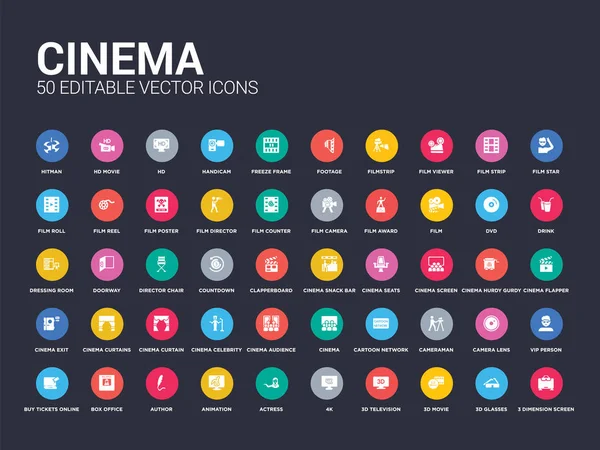 50 кінотеатрів встановлюють іконки, такі як 3 розмірний екран, 3d окуляри, 3d фільм, 3d телебачення, 4k, актриса, анімація, автор, касовий апарат. прості сучасні ізольовані векторні піктограми можуть бути використані для веб-мобільного — стоковий вектор