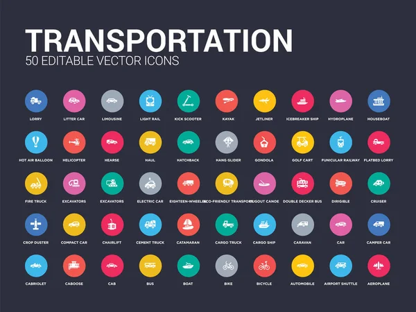 50 transportation set icons such as aeroplane, airport shuttle, automobile, bicycle, bike, boat, bus, cab, caboose. simple modern isolated vector icons can be use for web mobile — Stock Vector