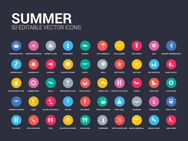 50 summer set icons such as aqua park, beach chair, beach umbrella, deck chairs and sun, dispenser, diving fins, dolphin on water waves, fins, fish and hook. simple modern isolated vector icons can