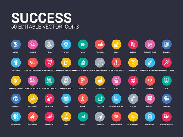 50 success set icons such as open padlock, overcome, paper plane, partnership, passion, pawn, peak, pedestal, piggybank. simple modern isolated vector icons can be use for web mobile