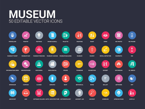 50 museum set icons such as acrylic, african mask, airbrush, ancient, ancient jar, anthropology, antic architecture, antique column, arc. simple modern isolated vector icons can be use for web