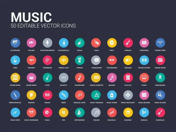 50 ikony muzyki takich jak mandolina, maraca, marimba, harmonijka klawiszowa, melodia, metronom, mp3, muzyka, muzyka klawiatury. ikony proste wektor na białym tle nowoczesny może być użyty dla internetu mobilnego — Wektor stockowy