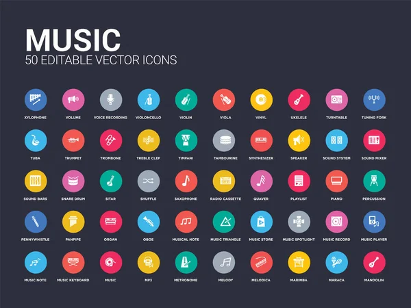 50 ícones de música como bandolim, maraca, marimba, melodica, melodia, metrônomo, mp3, música, teclado. ícones vetoriais isolados modernos simples podem ser usados para web mobile — Vetor de Stock