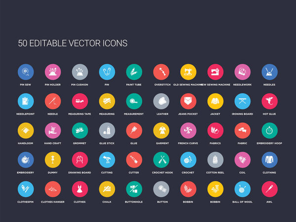 50 наборов икон, таких как шило, шарик шерсти, бобин, бобин, пуговица, петля, мел, одежда, вешалка для одежды. простые современные изолированные векторные иконки могут быть использованы для веб-мобильных устройств
