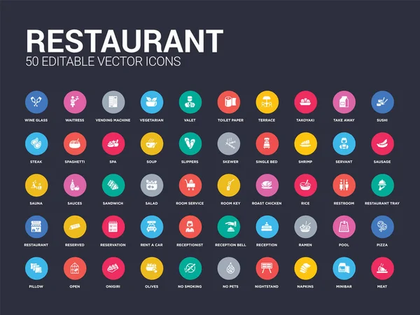 50 іконок ресторану, таких як м'ясо, міні-бар, серветки, тумба, без домашніх тварин, без куріння, оливки, онігірі, відкриті. прості сучасні ізольовані векторні піктограми можуть бути використані для веб-мобільного — стоковий вектор