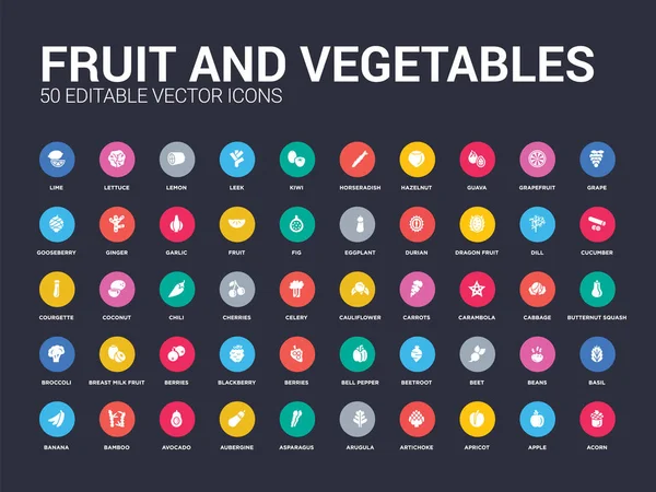 50 gyümölcs- és zöldségfélék be ikonok, mint a makk, alma, sárgabarack, articsóka, sült saláta kitûnõ, spárga, padlizsán, avokádó, bambusz. egyszerű, modern elszigetelt vektoros ikonok lehet használni a mobil web — Stock Vector
