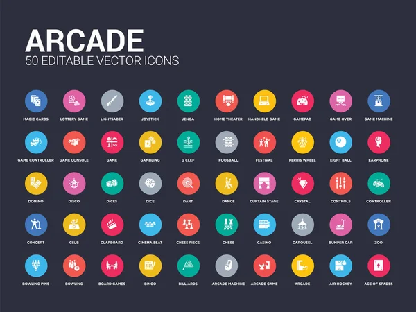 50 arcade set icons such as ace of spades, air hockey, arcade, arcade game, machine, billiards, bingo, board games, bowling. simple modern isolated vector icons can be use for web mobile — Stock Vector