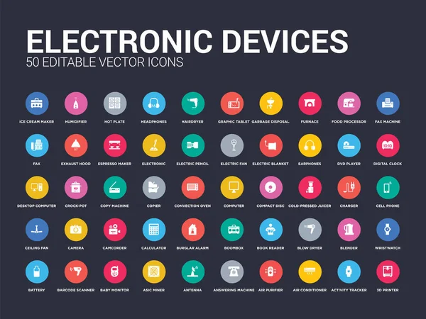 50 elektronikus eszközök állítsa be ikonok, mint például a 3D-s nyomtató, tevékenység tracker, légkondicionáló, légtisztító, üzenetrögzítő, antenna, asic bányász, baba idegen rádióadást figyel, vonalkód-szkenner. egyszerű modern izolált — Stock Vector