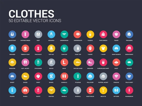 50 iconos conjunto de ropa como maniquí, mitones, corbata, ropa de dormir, en general, pamela, bragas, pantalones, parka. iconos vectoriales aislados modernos simples se pueden utilizar para el móvil web — Vector de stock