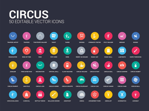 50 цирковых икон, таких как акробат, акробатика, авиалист, парк аттракционов, арена, ассистент, меч из воздушного шара, бросок бутылки, карнавал. простые современные изолированные векторные иконки могут быть использованы для веб-мобильных устройств
