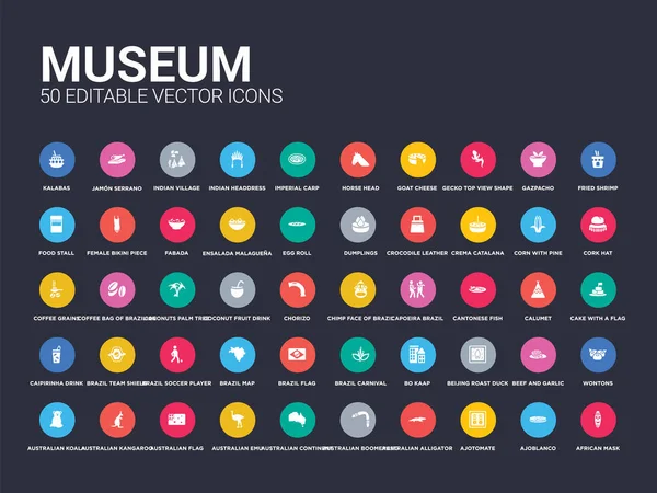 50 музеїв встановлюють іконки, такі як африканська маска, аджобланко, аджотом, австралійський алігатор, австралійський бумеранг, австралійський континент, ему, прапор, кенгуру. прості сучасні ізольовані векторні піктограми можуть бути використані — стоковий вектор