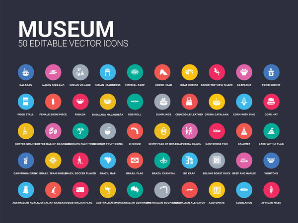 50 museum set icons such as african mask, ajoblanco, ajotomate, australian alligator, australian boomerang, australian continent, emu, flag, kangaroo. simple modern isolated vector icons can be use