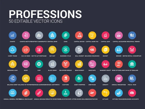 50 profesiones establecen iconos tales como cuentas de negocios, fondos gestionados activamente, actuario, administración, operaciones fuera de horas, tasa de asignación, mercado de inversión alternativa, prima anual, anual — Vector de stock