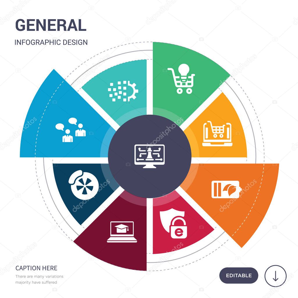 Set of 9 simple general vector icons. contains such as digital strategy, digital transformation, direct marketing, disk brake, distance learning, e-privacy, eco battery icons and others. editable