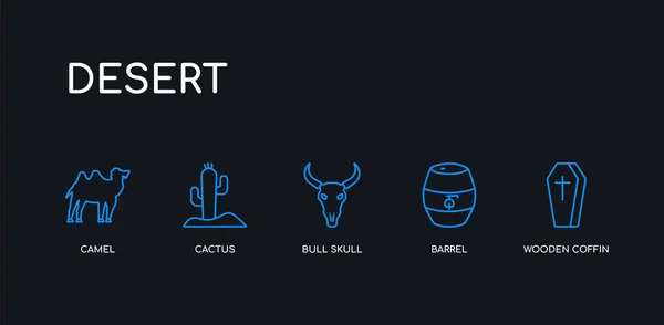 5 esquema trazo azul ataúd de madera, barril, cráneo de toro, cactus, camellos iconos de la colección del desierto sobre fondo negro. línea editable lineal delgada iconos . — Vector de stock