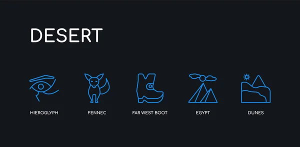 5アウトラインストローク青い砂丘、エジプト、遠い西のブーツ、フェネック、黒の背景に砂漠のコレクションから象形文字のアイコン。線編集可能な線形薄いアイコン. — ストックベクタ