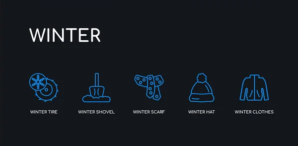 5 trazo contorno azul ropa de invierno, sombrero de invierno, bufanda de invierno, pala, iconos de neumáticos de la colección sobre fondo negro. línea editable lineal delgada iconos . — Vector de stock