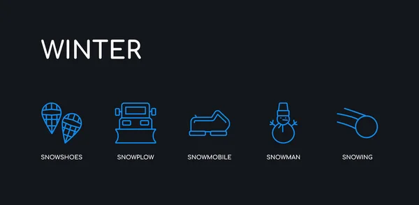 5 trazo contorno de nieve azul, muñeco de nieve, moto de nieve, quitanieves, iconos de raquetas de nieve de la colección de invierno sobre fondo negro. línea editable lineal delgada iconos . — Vector de stock