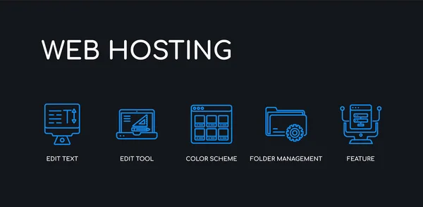 5 contorno trazo función azul, gestión de carpetas, esquema de colores, herramienta de edición, editar iconos de texto de la colección de alojamiento web en fondo negro. línea editable lineal delgada iconos . — Vector de stock