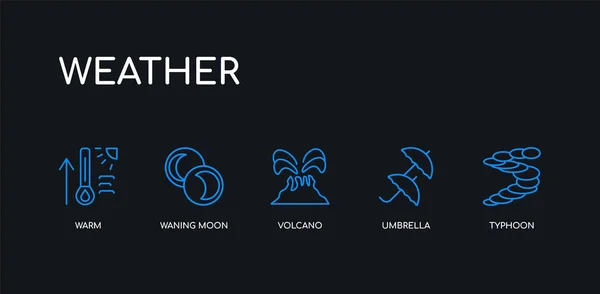 5 περίγραμμα περιγράμματος μπλε τυφώνας, ομπρέλα, ηφαίστειο, αίση φεγγάρι, ζεστές εικόνες από τη συλλογή καιρού σε μαύρο φόντο. γραμμή επεξεργάσιμο γραμμικά λεπτά εικονίδια. — Διανυσματικό Αρχείο