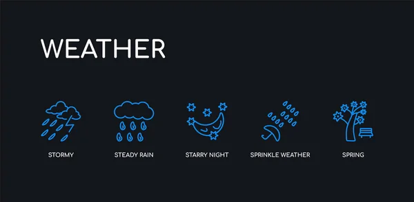 5 contours bleu printemps, temps de saupoudrer, nuit étoilée, pluie constante, icônes orageuses de la collection météo sur fond noir. icônes minces linéaires modifiables en ligne . — Image vectorielle