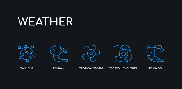 5 outline stroke blue tornado, tropical cyclone?, tropical storm, tsunami, twilight icons from weather collection on black background. line editable linear thin icons. — Stock Vector