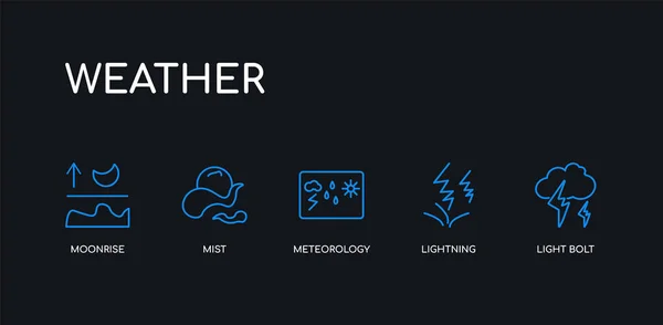 5 umreißen Schlaganfall Blaulichtblitz, Blitz, Meteorologie, Nebel, Mondaufgang Symbole aus der Wettersammlung auf schwarzem Hintergrund. Linie editierbare lineare dünne Symbole. — Stockvektor